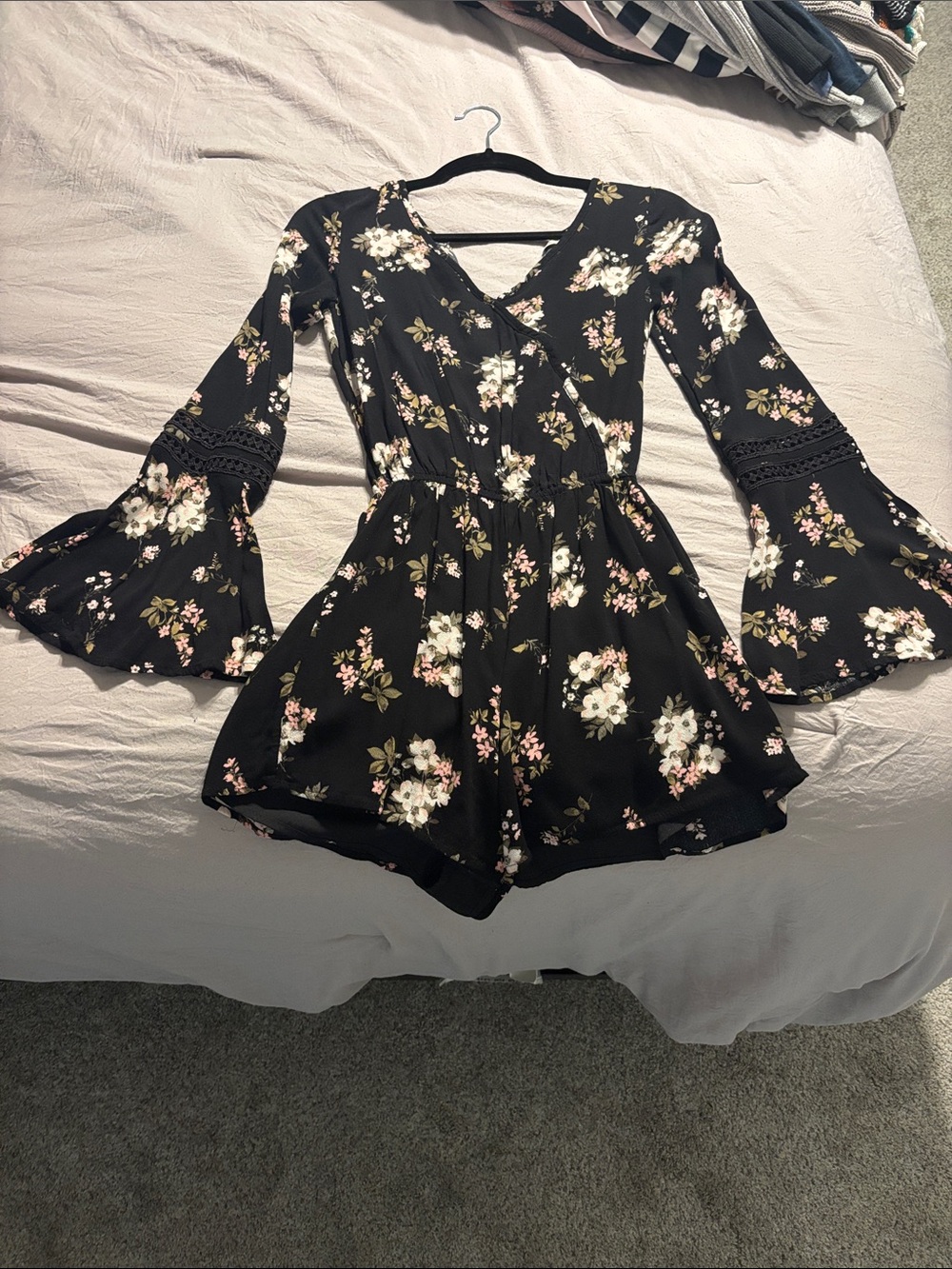 Hollister Black Floral Bell-Sleeve Romper